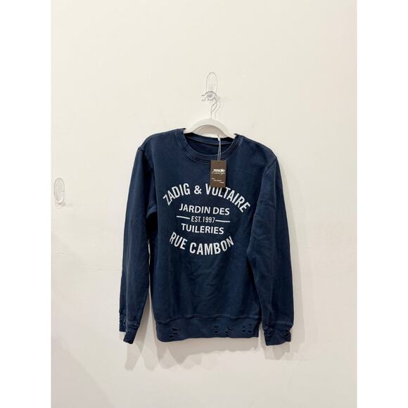 Zadig & Voltaire Rue Cambon Crew Neck Distressed Graphic Sweatshirt Navy/White M - Picture 1 of 3
